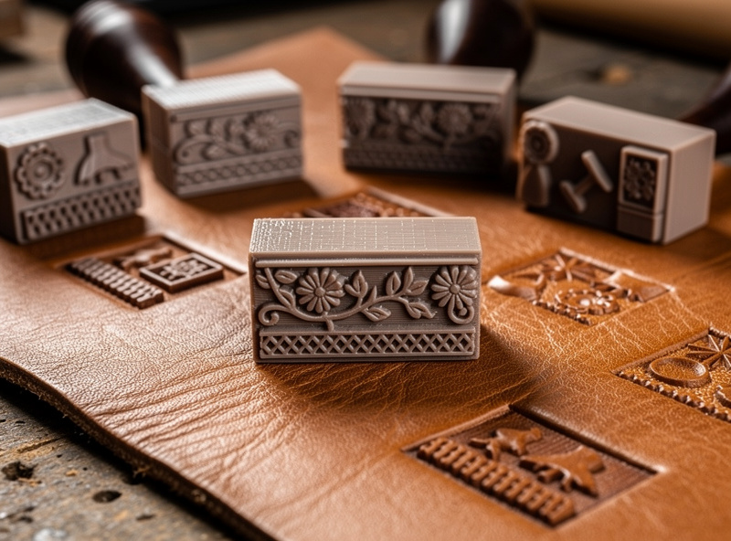 3D-printed leather stamps with various decorative patterns sitting on tooled leather