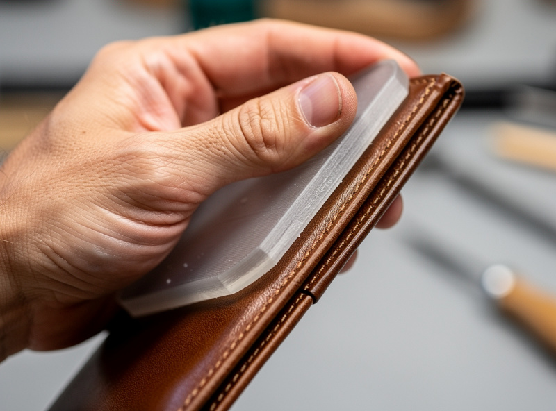 3D-printed PETG edge slicker tool burnishing the edge of a leather wallet