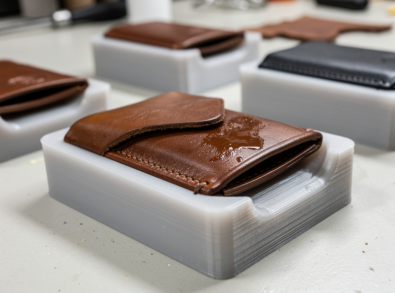 3D-printed wet-mold form blocks for leather with damp leather draped over them