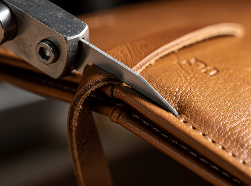 Macro close-up of an edge beveler tool removing a clean strip of leather from the corner of a vegetable-tanned wallet piece showing the curl of leather coming off the blade with a uniform clean bevel cut