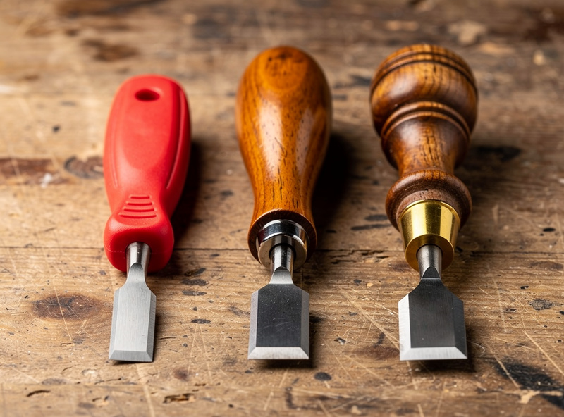 Side-by-side comparison of three edge bevelers — leftmost Tandy basic-line beveler with red plastic handle, middle Crimson Hides premium beveler with hardwood handle, right Vergez Blanchard French traditional beveler with brass ferrule