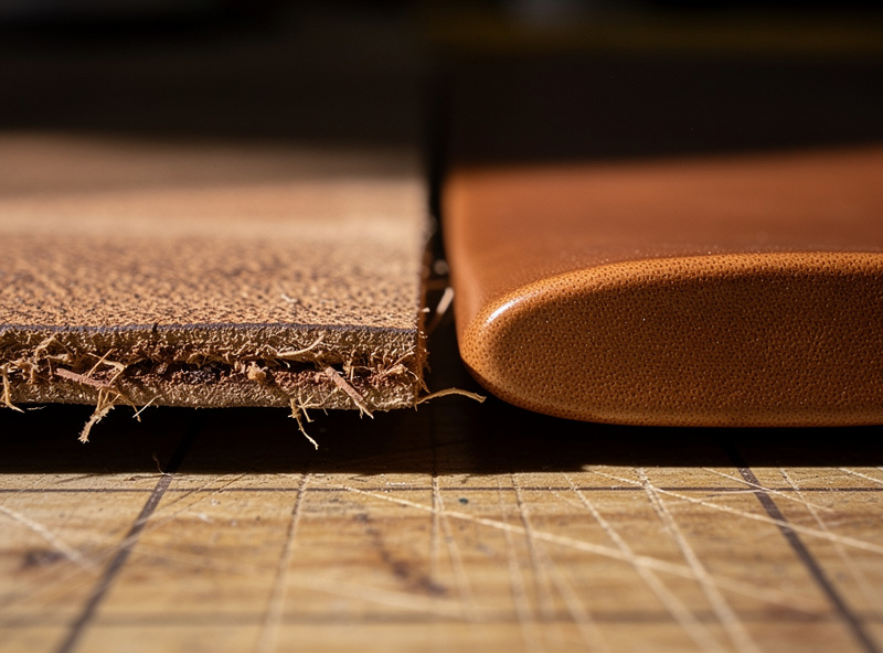Side-by-side macro comparison of two leather edges on a wooden cutting mat — left a sharp 90-degree raw cut edge with fuzzy fibers, right a clean rounded beveled edge ready for burnishing