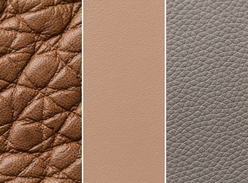 Side-by-side macro comparison of three leather grain surfaces — left full-grain showing natural pores, middle top-grain with smoother sanded surface, right corrected-grain with embossed pattern