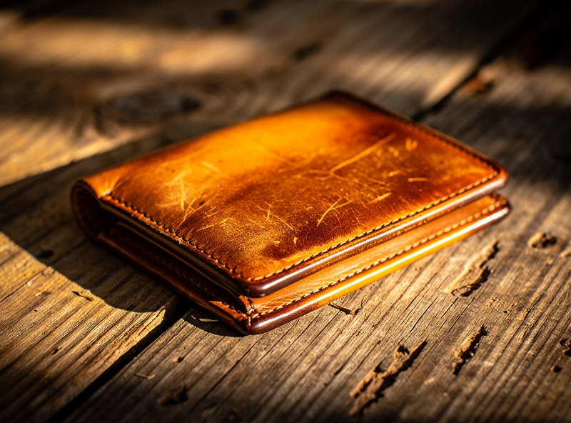 A natural vegetable-tanned wallet with beautiful patina from years of use showing darker edges and corners with visible character marks and scratches on weathered oak wood