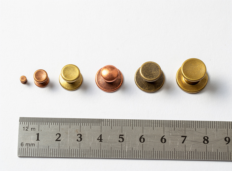 Top-down macro of leather rivets in five different sizes laid out next to a precision metal ruler showing dimensions, ranging from tiny 6mm to chunky 12mm in copper and brass