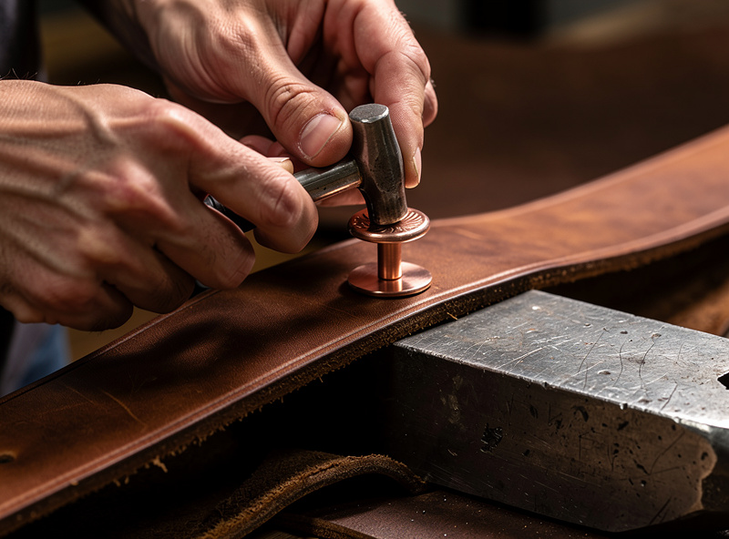 Hands setting a copper burr rivet on a leather strap with a small ball-peen hammer mid-strike showing the rivet stem mushrooming over the burr washer with leather hide visible on a steel anvil