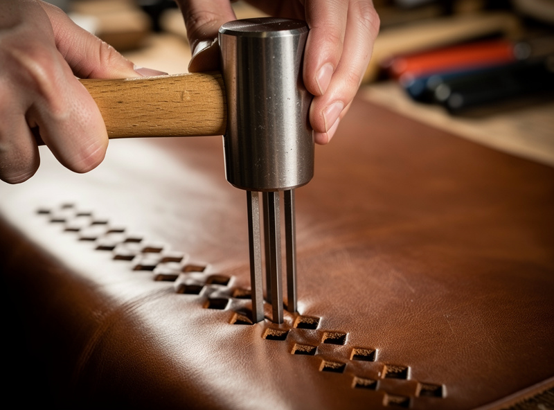 Macro close-up of a 4-prong diamond stitching iron mid-strike with a wooden mallet showing perfectly aligned diamond holes in the leather
