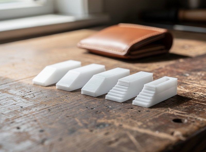Six 3D-printed PETG edge slickers in different sizes and groove geometries on a wooden workbench, beside a small leather wallet in mid-burnish with the slicker held against the edge