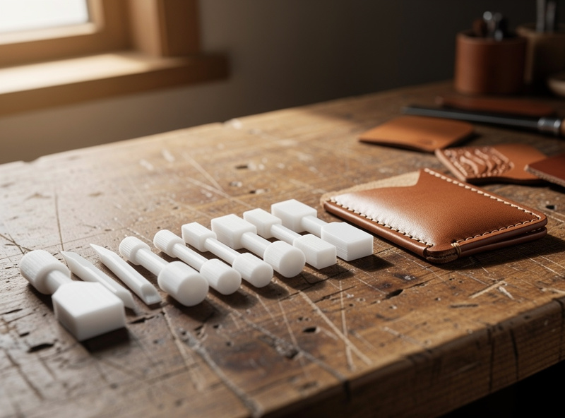 Twelve small 3D-printed white PETG burnishing tools in different sizes lined up on a wooden workbench beside a small leather card wallet in progress, soft afternoon natural light from a window