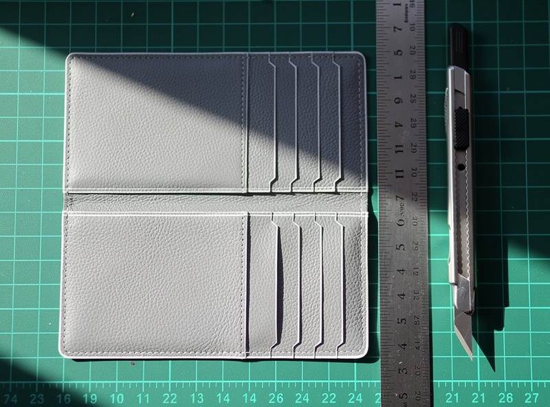 Top-down photograph of a leather bifold wallet pattern laid out on a cutting mat showing the pieces traced — outer panel, two inner panels, six card pocket strips arranged in their final positions with sharp utility knife and ruler nearby