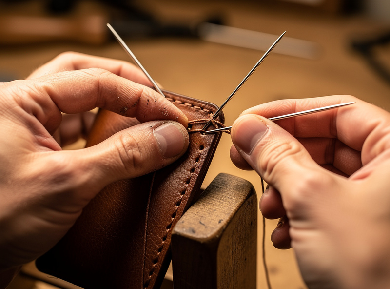 Macro action photograph of two hands holding a partially constructed leather wallet in a stitching pony performing a saddle stitch with two harness needles entering pre-punched holes from opposite sides with waxed brown thread visible