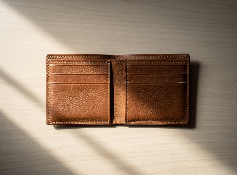 Top-down product photography of a handmade leather wallet on a neutral wooden surface with soft natural light showing card slots and stitching detail in Etsy-listing-quality