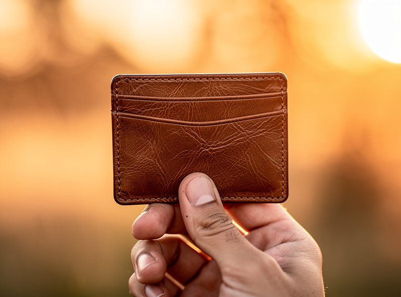 Lifestyle photograph of a leather card holder being held in a hand outdoors with sunset golden hour light showing rich patina and detailed stitching with soft bokeh background