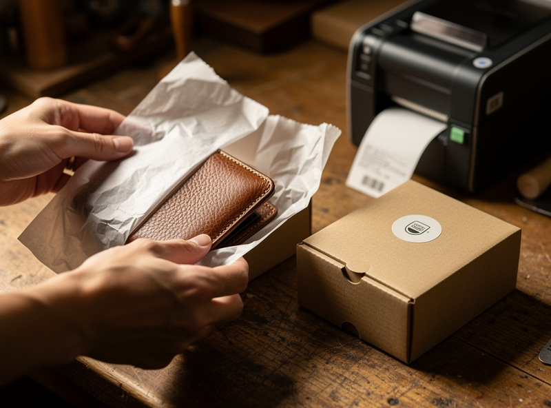 Close-up of a handmade leather wallet being carefully wrapped in tissue paper before being placed in a kraft paper shipping box with branded sticker on a workbench with shipping label printer nearby