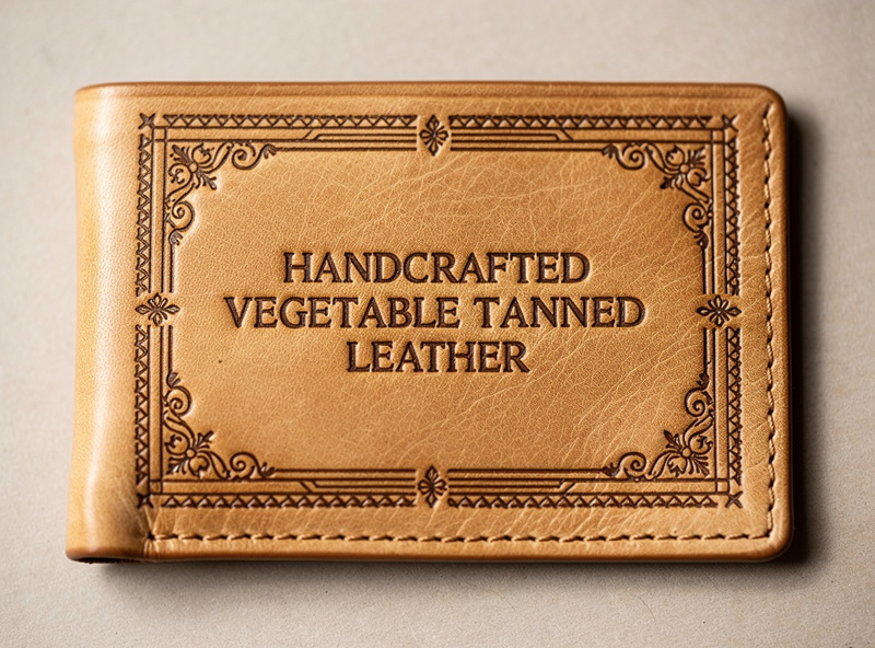 Vegetable-tanned leather wallet panel with detailed laser-engraved text and decorative pattern