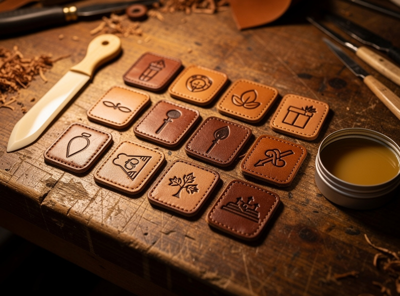 Batch of laser-engraved leather morale patches arranged on a workshop bench with bone folder and burnishing wax