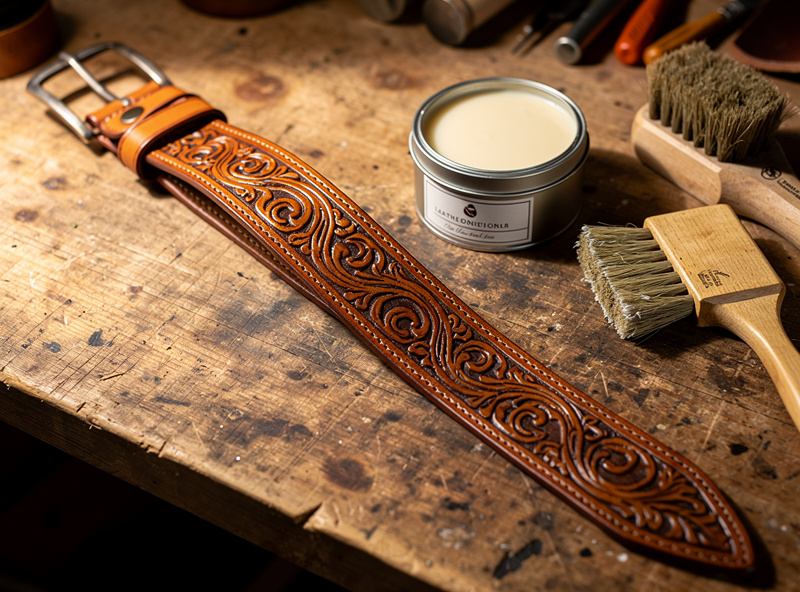 Finished laser-engraved leather belt laid flat on a workbench with leather conditioner and brushes nearby