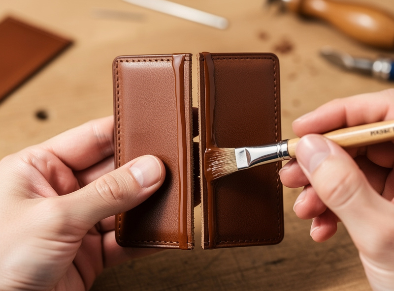 Hand glueing two leather card holder panels together with contact cement, brushing thin even layer along the edges