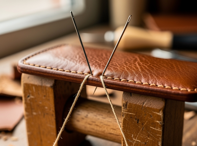 Macro of saddle stitching the perimeter of a leather card holder with two waxed thread needles in a stitching pony