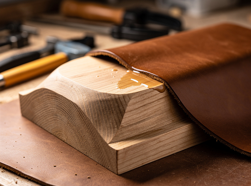 Close-up of CNC machined wood form block holding piece of damp leather draped over it during wet molding workshop background