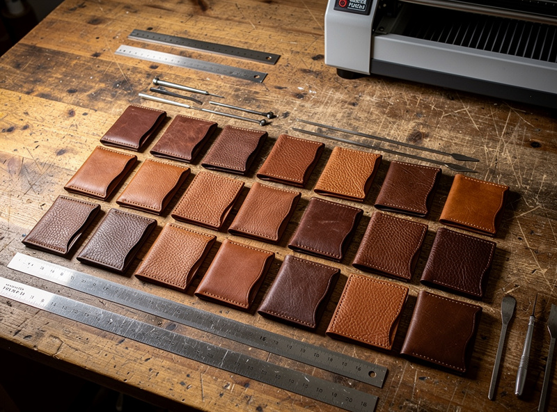 Top-down photograph of finished cut leather wallet pieces laid out on workbench beside CNC machine in background showing CNC precision identical pieces