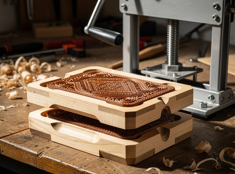 Workshop with CNC-machined wood press die set with leather embossed with decorative pattern between dies and mechanical press visible technical craft photography
