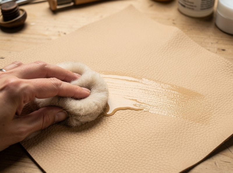 Hand wiping deglazer onto a natural veg-tan leather panel with a wool dauber to lift surface oils before dyeing