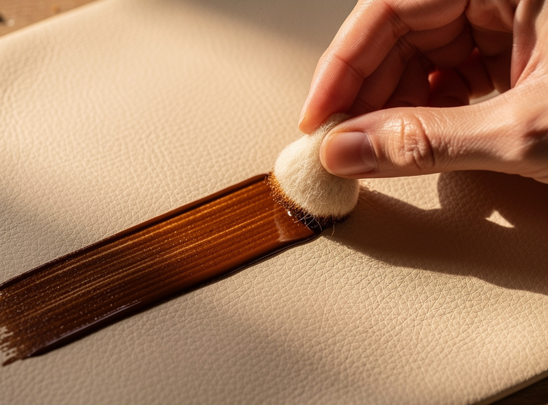 Hand applying deep brown leather dye with a wool dauber in long even strokes across a veg-tan panel