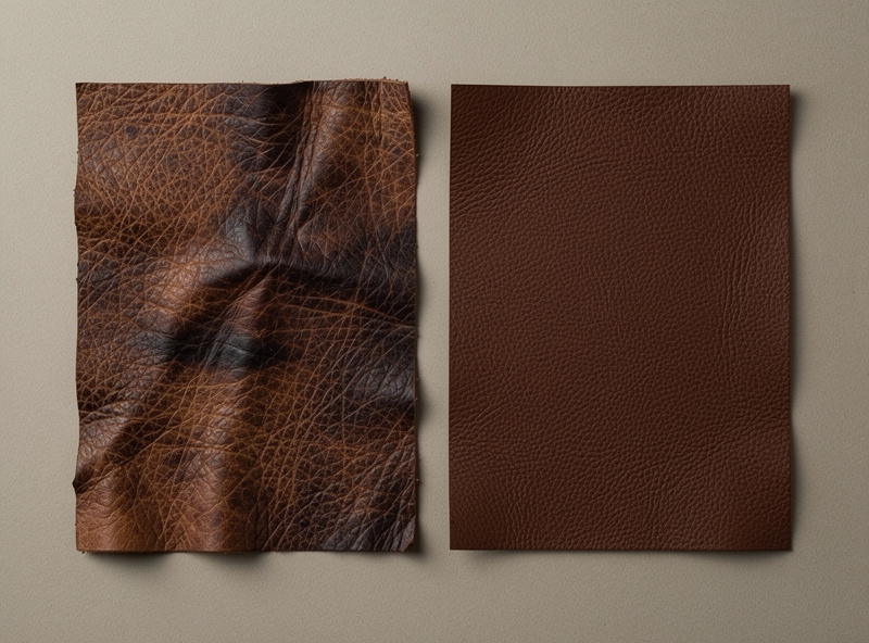 Side-by-side comparison of streaky blotchy dyed leather and an evenly dyed deep saddle brown panel