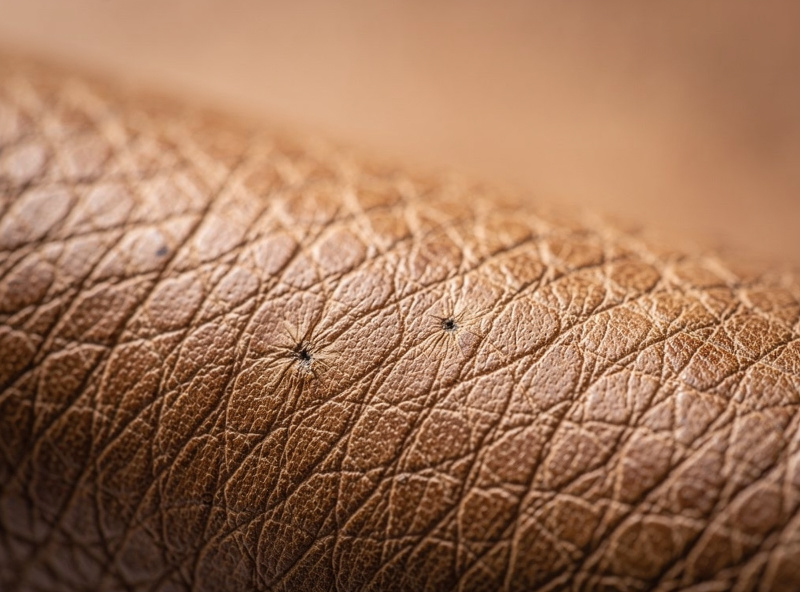 Macro close-up of natural full-grain veg-tan leather showing pores, fiber direction, and subtle imperfections