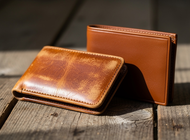 Worn full-grain leather wallet with rich amber patina next to newer top-grain wallet with uniform color