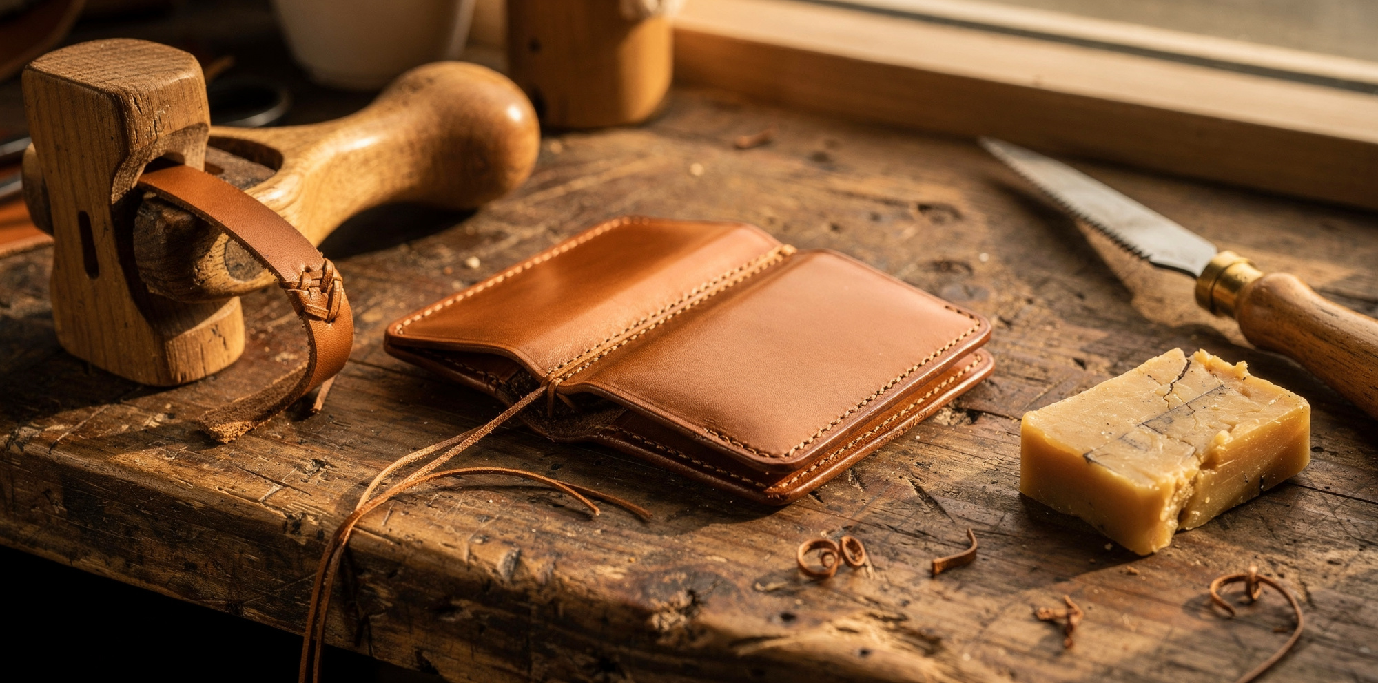 Craftsman working on a leather wallet