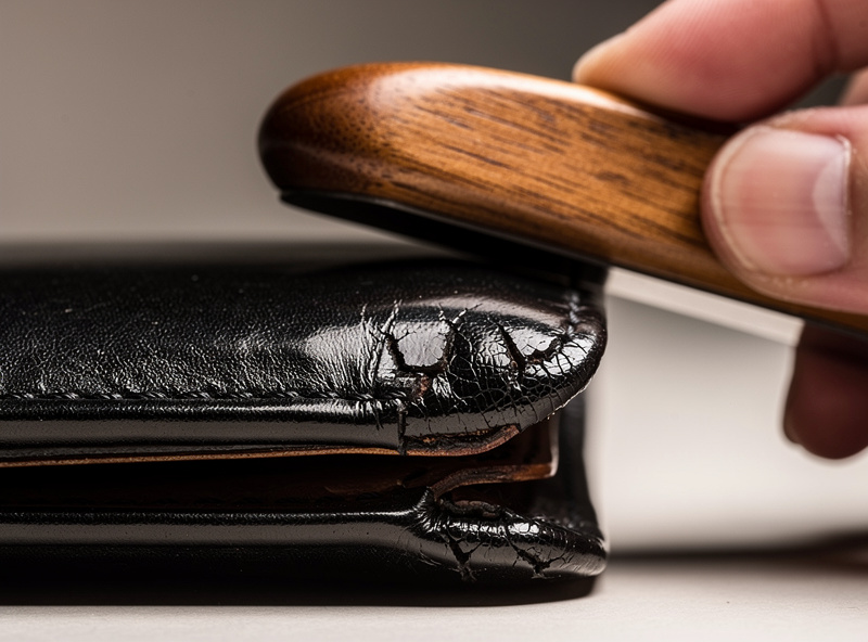 Over-burnished leather edge that has turned shiny black with stress cracks visible at the corners