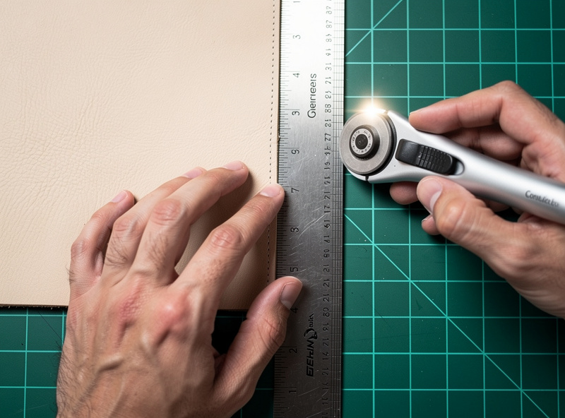 Hands using a steel ruler and rotary cutter to slice veg-tan leather on a green self-healing mat
