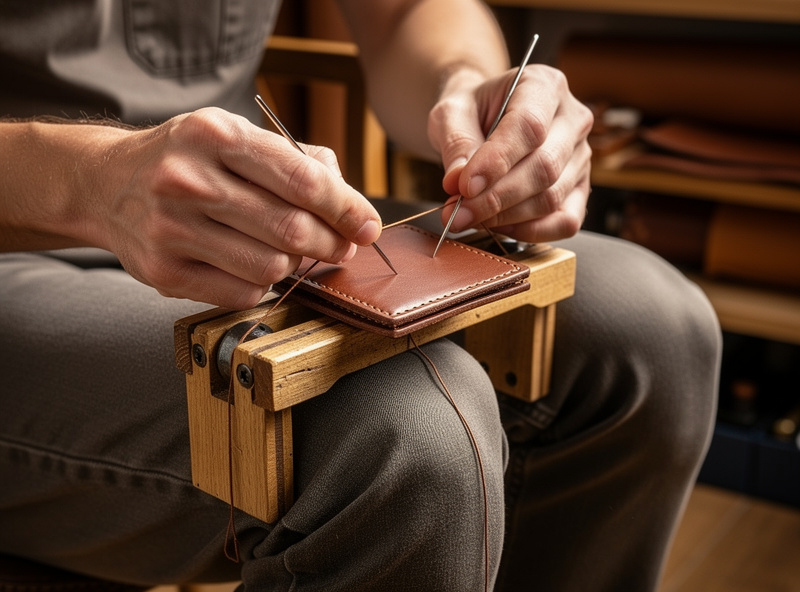 Portable wooden stitching clamp held between knees by a leatherworker gripping a small wallet panel