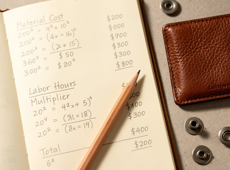 Notebook page with handwritten leather pricing math, calculator, and a leather wallet swatch alongside