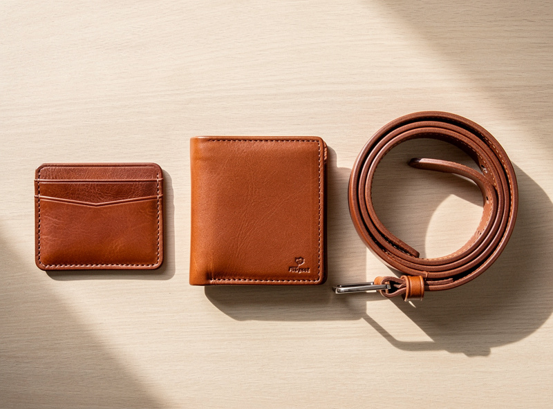 Three finished hand-stitched leather products laid out together: a card holder, a bifold wallet, and a belt showing relative scales