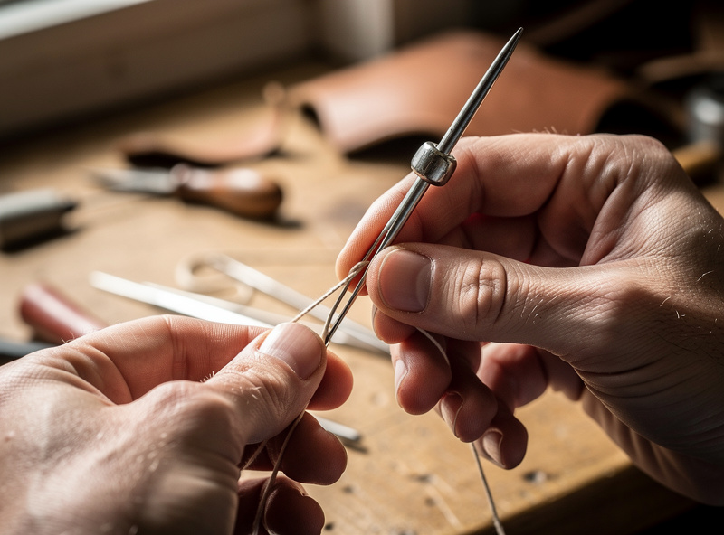 Hands threading a saddler's harness needle with waxed linen thread for hand stitching