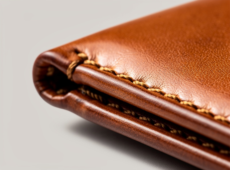 Finished saddle-stitched leather wallet edge showing classic angled stitch pattern with identical quality on both faces