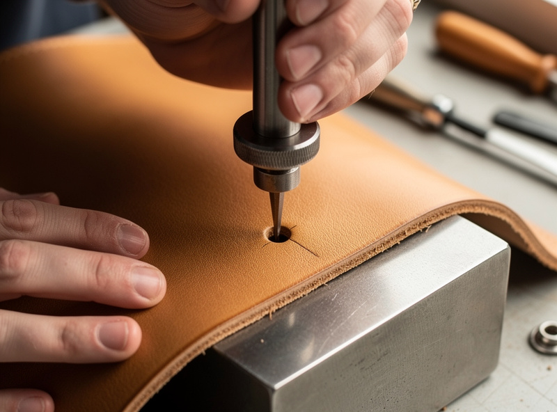 Hands using a hollow drive punch on tan leather to make a clean round hole for snap installation