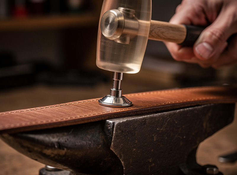 Hand striking a snap setter punch with a poly mallet over a leather strap on a steel anvil mid-impact