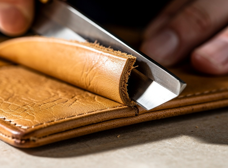Hand bevelling the edge of a tan veg-tan leather wallet panel with a size 2 edge beveler