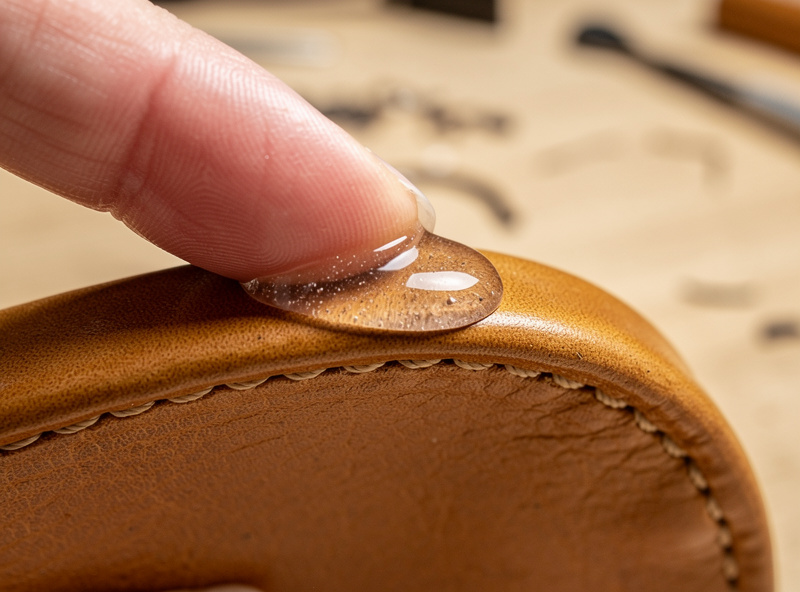 Fingertip applying clear Tokonole burnishing gum to the bevelled edge of a tan leather wallet