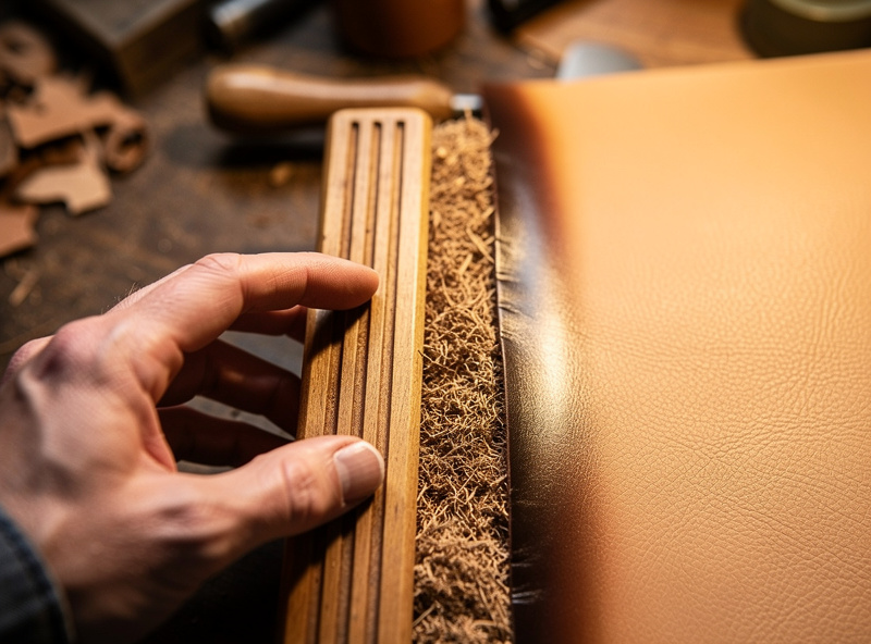 Hand using a wooden multi-groove edge slicker to burnish the edge of tan veg-tan leather to a glassy finish