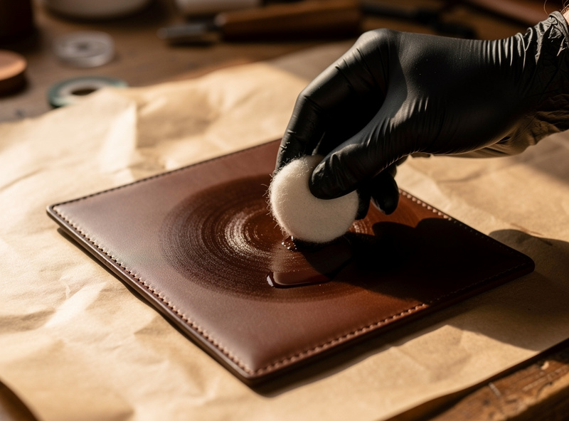 Hand applying dark brown leather dye with a wool dauber to a wallet front in circular motions on a workshop bench