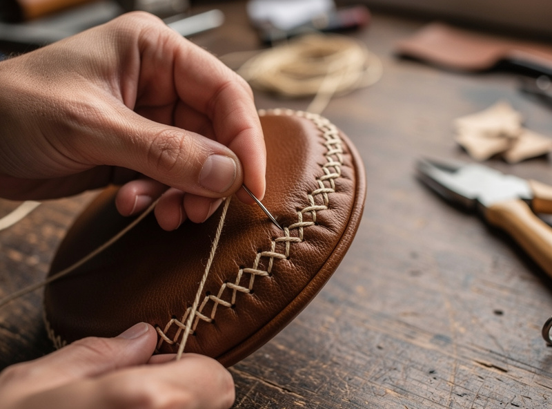 Hands stitching with waxed thread along the edge of a circular leather earpad piece