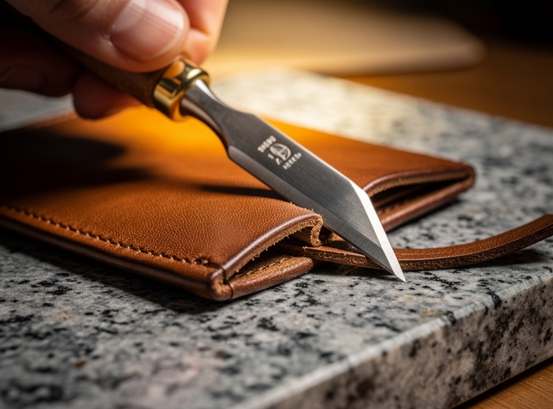 Close-up of a hand using a size two edge beveler to cut a thin sliver from the top corner of a brown vegetable-tanned leather wallet edge on a granite slab