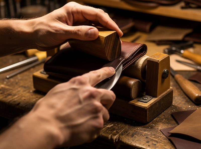 Hand burnishing the edge of a brown leather wallet using a hardwood slicker, friction creating heat, leather clamped in a stitching pony, workshop scene with warm overhead lighting