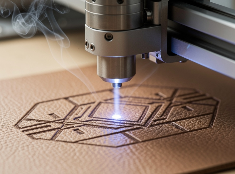 Diode laser engraver actively engraving vegetable-tanned leather with fine smoke wisps