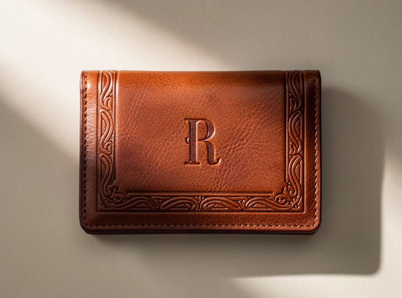 Top-down view of a leather wallet with engraved monogram and decorative border